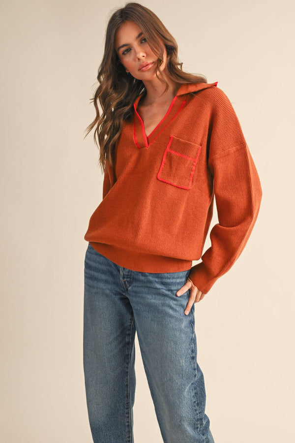 COLLARED SWEATER: Chocolate Ivory / S