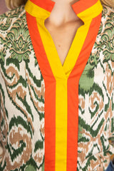 35856 Abstract with Striped Placket and Neck Detailed Top: Light Olive / M