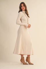 ID9660 MOCK NECK LONG SLEEVE RIB KNIT FLARED MIDI DRESS: CREAM / S