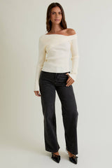 ONE SHOULDER RIBBED DIFFERENCE DETAIL SWEATER TOP: H BROWN / S