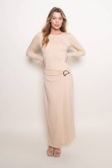 CHIC WRAP PANEL BUCKLE LONG SLEEVE MAXI DRESS-DD10840FO: NUDE / Contemporary / M