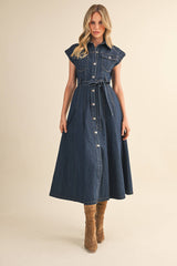 BUTTON DOWN MIDI DRESS: DK DENIM / L