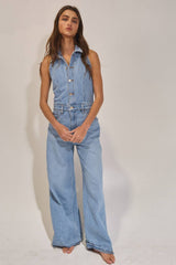 IR5621  Collared Wide Leg Denim Jumpsuit