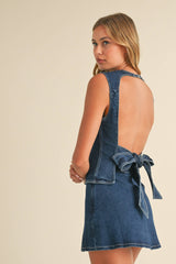 IST5697 DENIM OPEN BACK TOP WITH BOW DETAIL AND MINI SKIRT: DARK DENIM / M