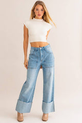 WIDE LEG CUFFED JEANS: Lt Denim / L