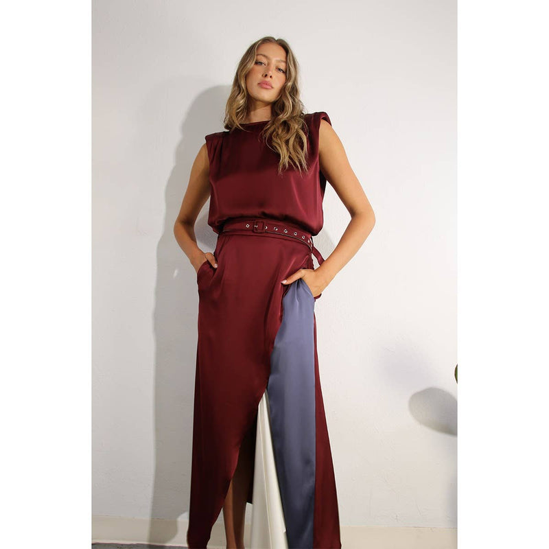 TOP AND COLOR BLOCK SKIRT: WINE / M