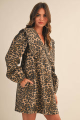 ID9370-A OVERSIZED COLLAR PUFF SLEEVES LEOPARD DENIM DRESS: LEOPARD / S