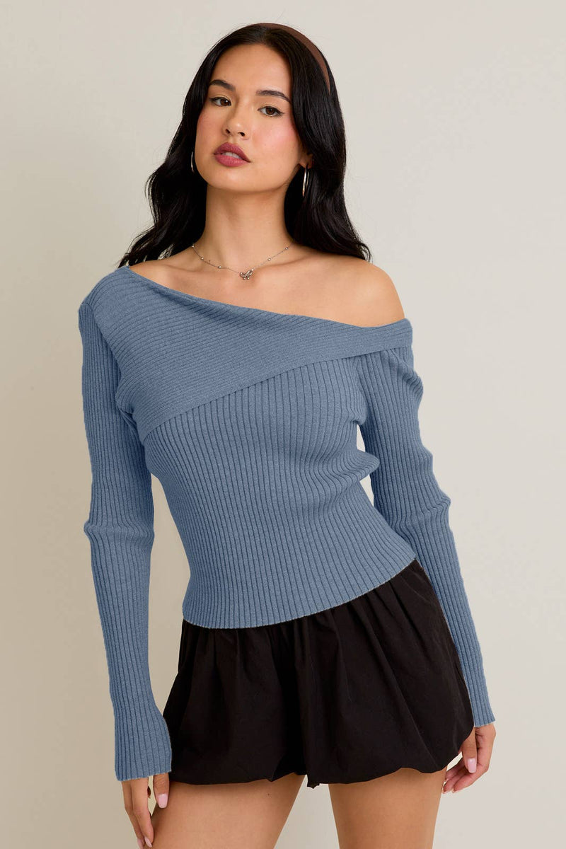 ONE SHOULDER RIBBED DIFFERENCE DETAIL SWEATER TOP: H BROWN / S