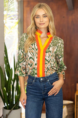 35856 Abstract with Striped Placket and Neck Detailed Top: Light Olive / M
