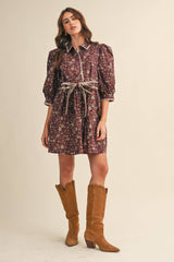 BLANKET STITCH PUFF SLEEVE FLORAL MINI DRESS MDR4173: Plum Multi Floral / L