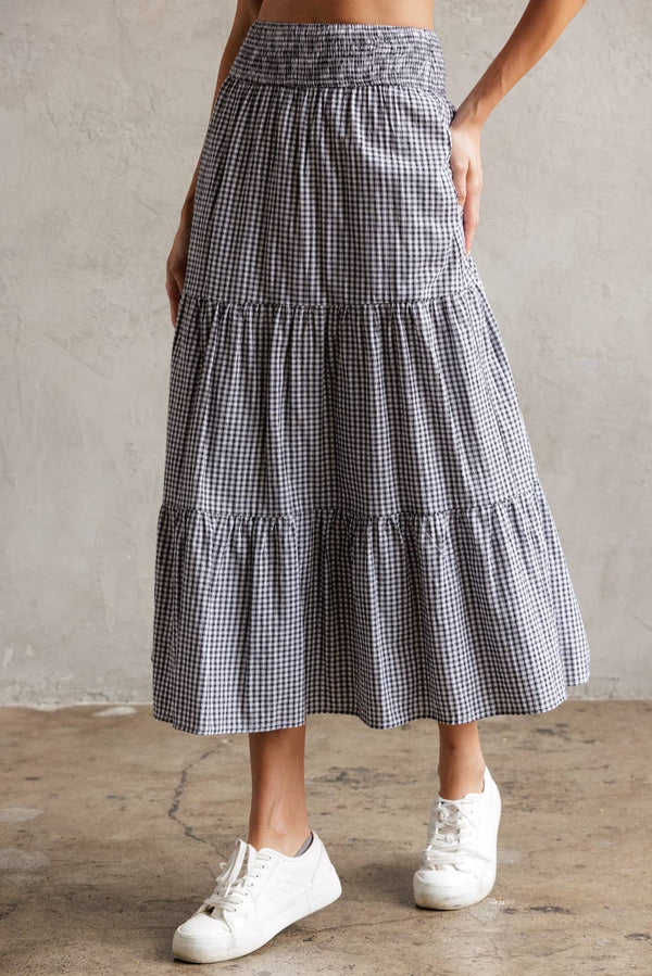 TIERED GINGHAM MIDI SKIRT M
