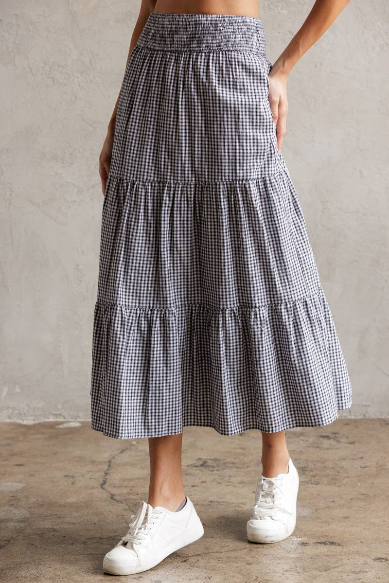 TIERED GINGHAM MIDI SKIRT S