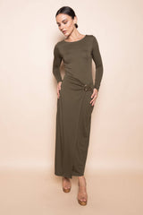 CHIC WRAP PANEL BUCKLE LONG SLEEVE MAXI DRESS-DD10840FO: NUDE / Contemporary / L