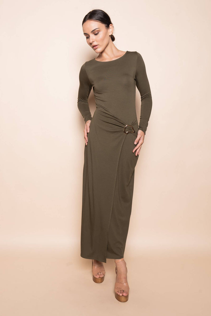 CHIC WRAP PANEL BUCKLE LONG SLEEVE MAXI DRESS-DD10840FO: NUDE / Contemporary / M