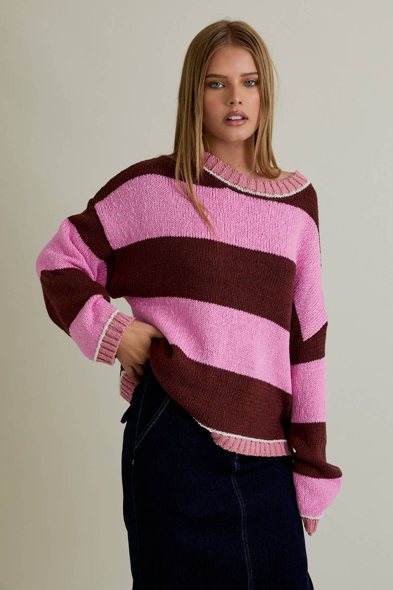 LONG SLEEVE DROP SHOULDER STRIPE SWEATER: PINK-BROWN STRIPE / XS