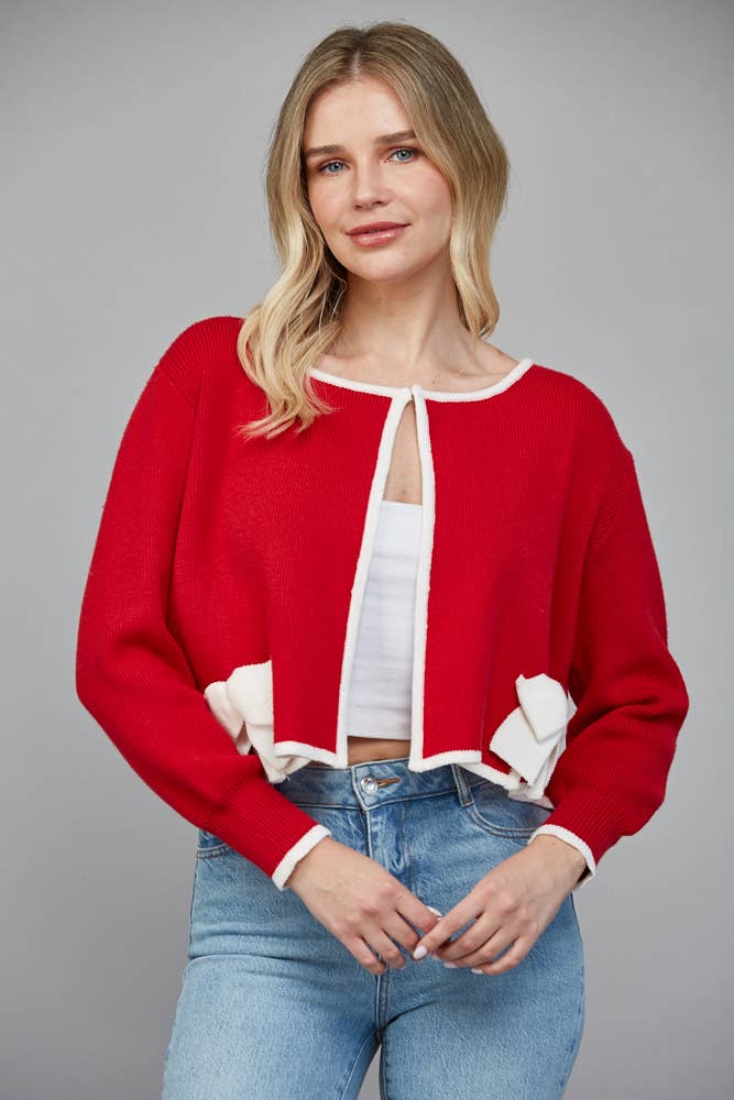 CONTRAST BOW DETAIL OPEN CARDIGAN FW90585: RED/CREAM / S