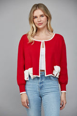 CONTRAST BOW DETAIL OPEN CARDIGAN FW90585: RED/CREAM / L