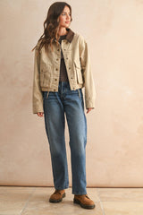 J5341   COLLAR CONTRASTED UTILITY JACKET: Beige / M