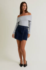 CROSS COVER DENIM MINI SKIRT: DENIM / L