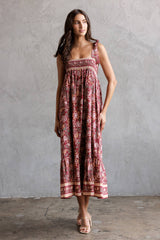 SJD7582 - MULTI FLORAL TIE MIDI DRESS: WINE MULTI FL / S