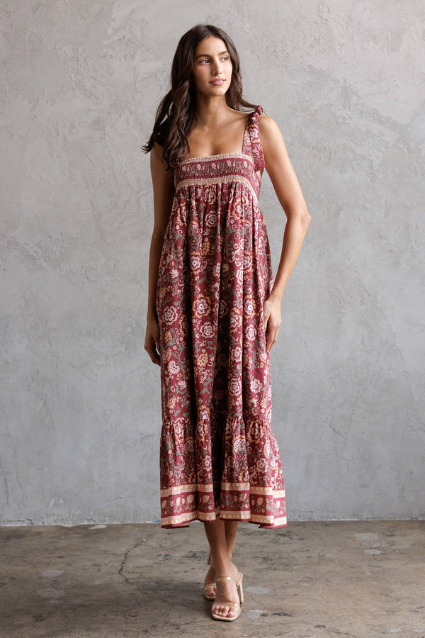 SJD7582 - MULTI FLORAL TIE MIDI DRESS: WINE MULTI FL / S