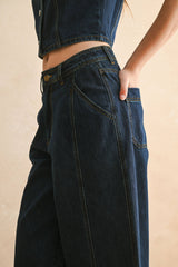 DARK DENIM WIDE LEG PANTS: DENIM / L