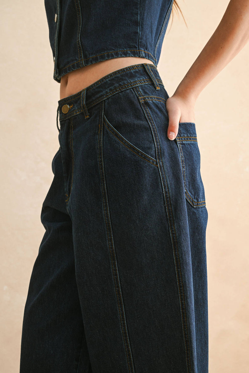 DARK DENIM WIDE LEG PANTS: DENIM / L
