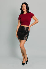 ROUND NECK SHORT SLEEVE BACK TIE KNIT TOP: Brown / XS