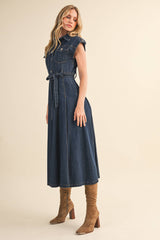 BUTTON DOWN MIDI DRESS: DK DENIM / S