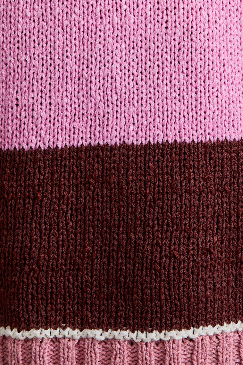 LONG SLEEVE DROP SHOULDER STRIPE SWEATER: PINK-BROWN STRIPE / S