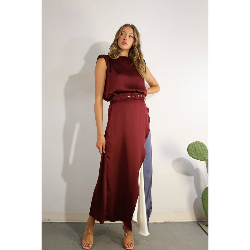 TOP AND COLOR BLOCK SKIRT: WINE / M