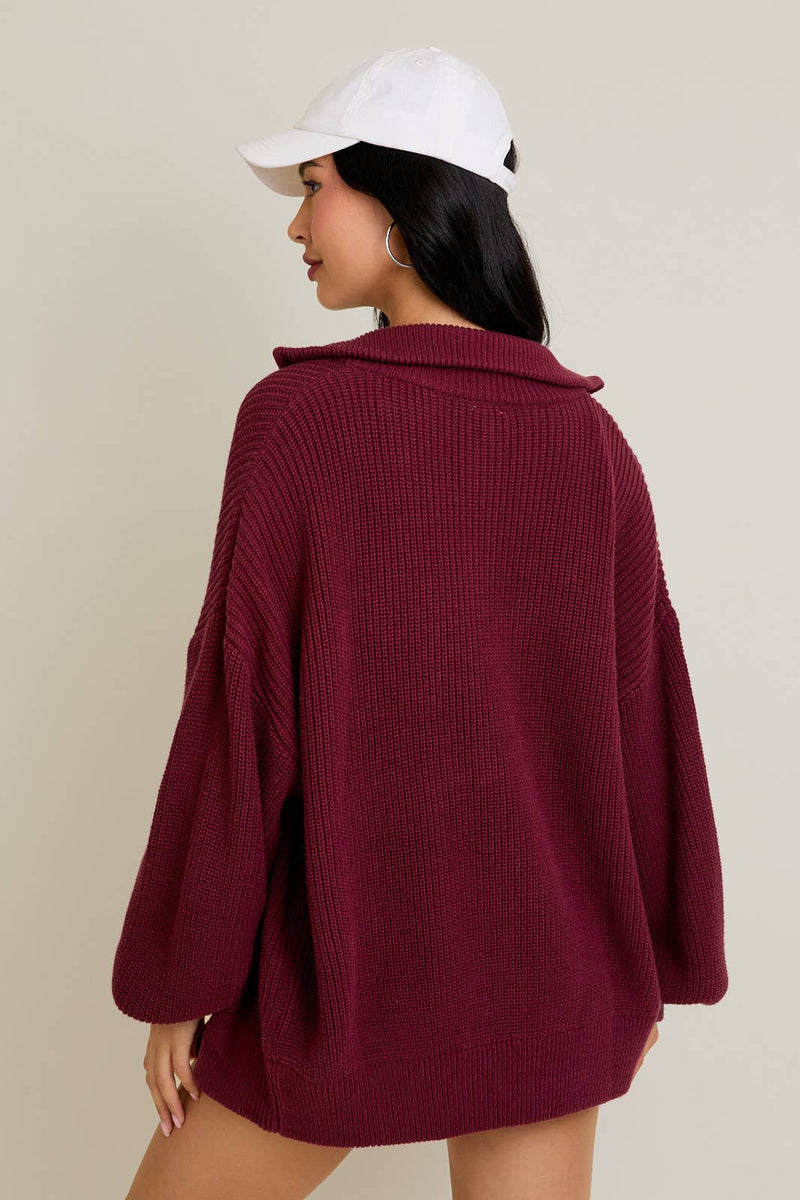 SWEATER CARDIGAN: Burgundy / L
