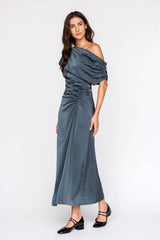 JD9203-ONE SHOULDER RUCHED MIDI DRESS: CHOCOLATE / S