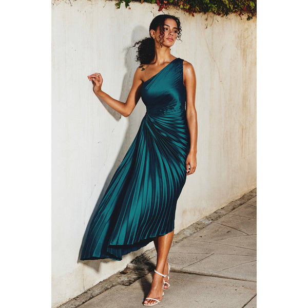 Olympia Asymmetrical Pleated Maxi Dress: BLUE SAPPHIRE