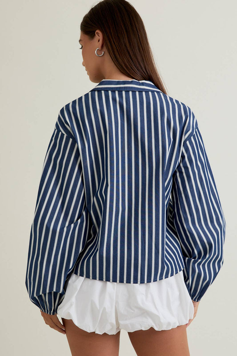 STRIPE LONG SLEEVE TIE TOP XS