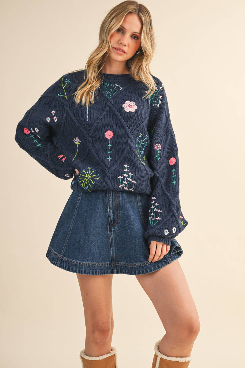 IT4253 MULTI FLORAL EMBROIDERED LATTICE CABLE SWEATER: NAVY / M