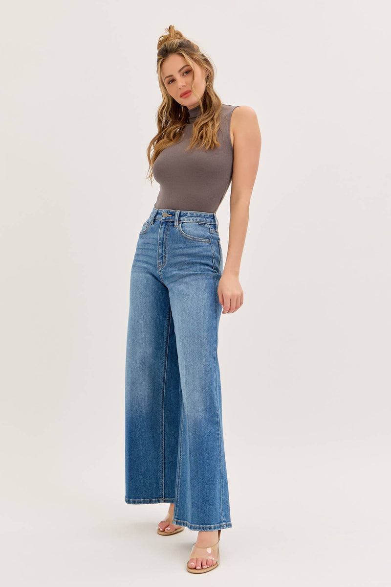 Stretch High Rise Wide Leg Jeans Medium Denim [WV97320M]: 1