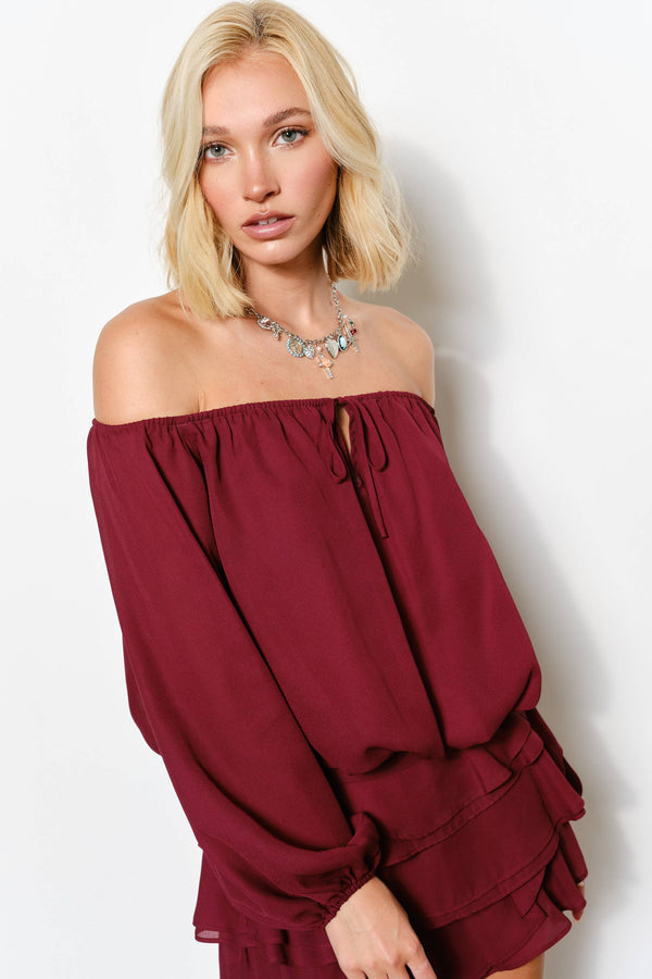 ISABELLA OFF SHOULDER BUBBLE HEM TOP - Romantic, Night Out: Burgundy / L
