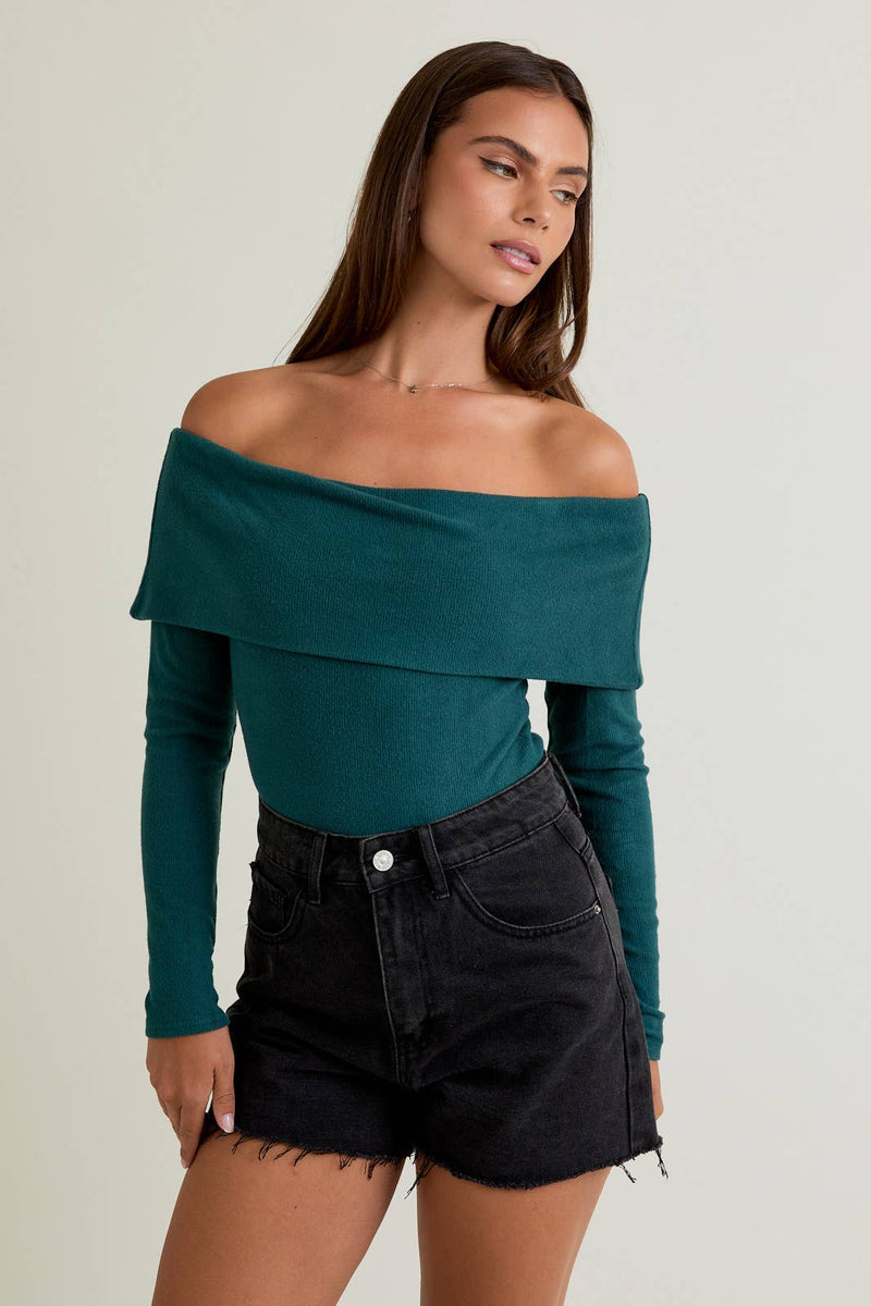 OFF SHOULDER LONG SLEEVE TOP: Green / XS