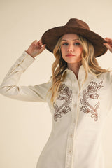 ID9321 LONG SLEEVE EMBROIDERED BUTTON DOWN SHIRT DRESS: CREAM COMBO / S