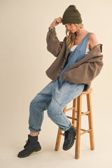 IJ1643 PLAID CONTRAST SHERPA BUTTON DOWN SHACKET: CREAM / L