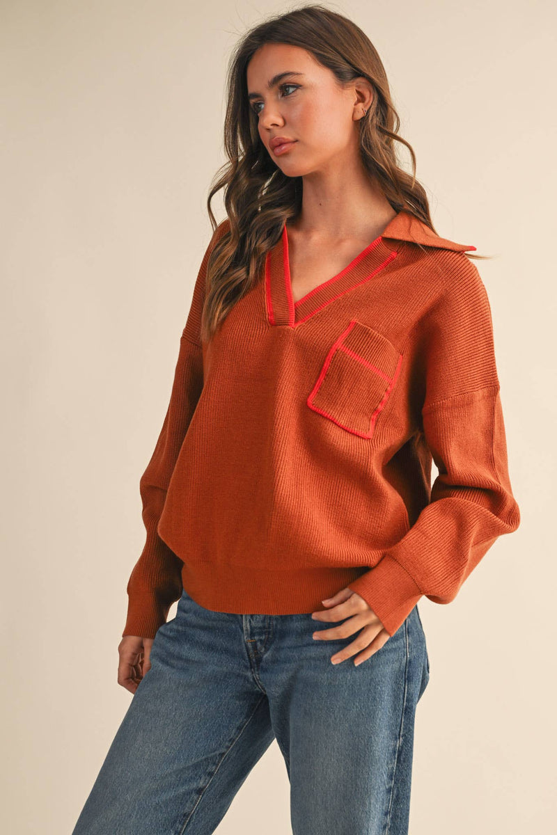 COLLARED SWEATER: Chocolate Ivory / L