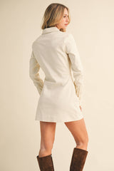 ID9321 LONG SLEEVE EMBROIDERED BUTTON DOWN SHIRT DRESS: CREAM COMBO / M