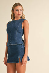 IST5697 DENIM OPEN BACK TOP WITH BOW DETAIL AND MINI SKIRT: DARK DENIM / S