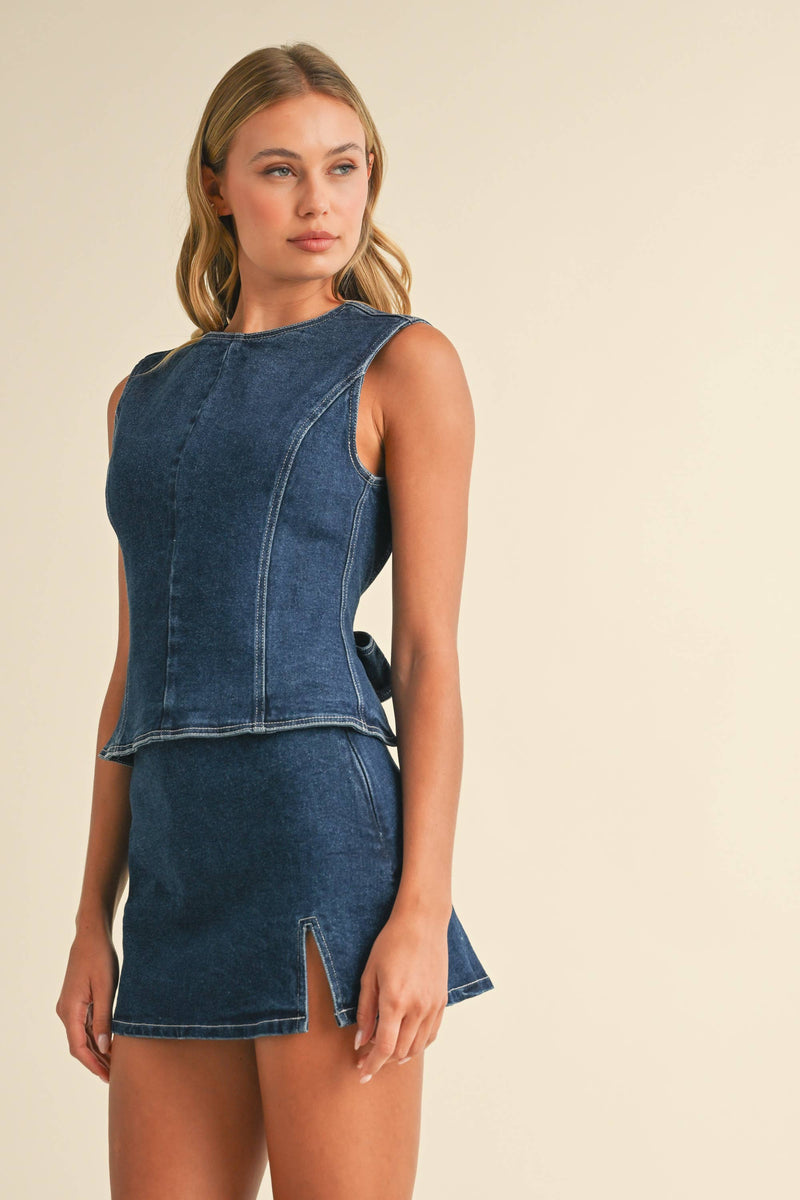 IST5697 DENIM OPEN BACK TOP WITH BOW DETAIL AND MINI SKIRT: DARK DENIM / S