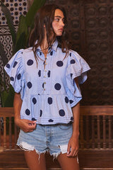 IT2337 Ruffle Sleeves Pintuck Detail Polka Dot Print top: CREAM/BLACK