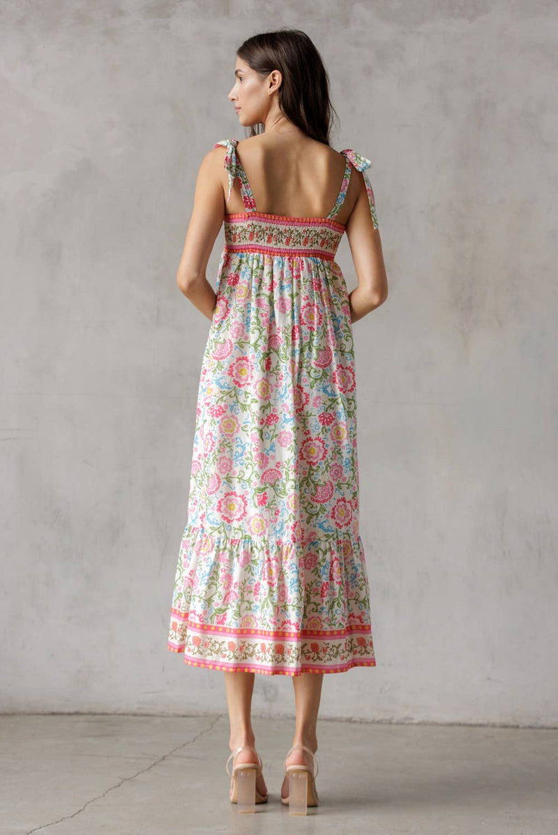 SJD7582 - MULTI FLORAL TIE MIDI DRESS: WINE MULTI FL / S