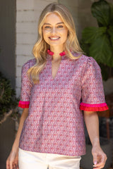 35883 Jacqaurd Petal Print Contrast Ruffle Top: Mauve / M