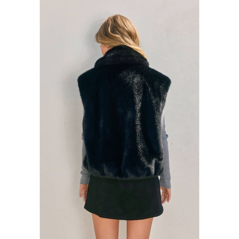 Wind Whispers Faux Fur Collared Vest: BLACK