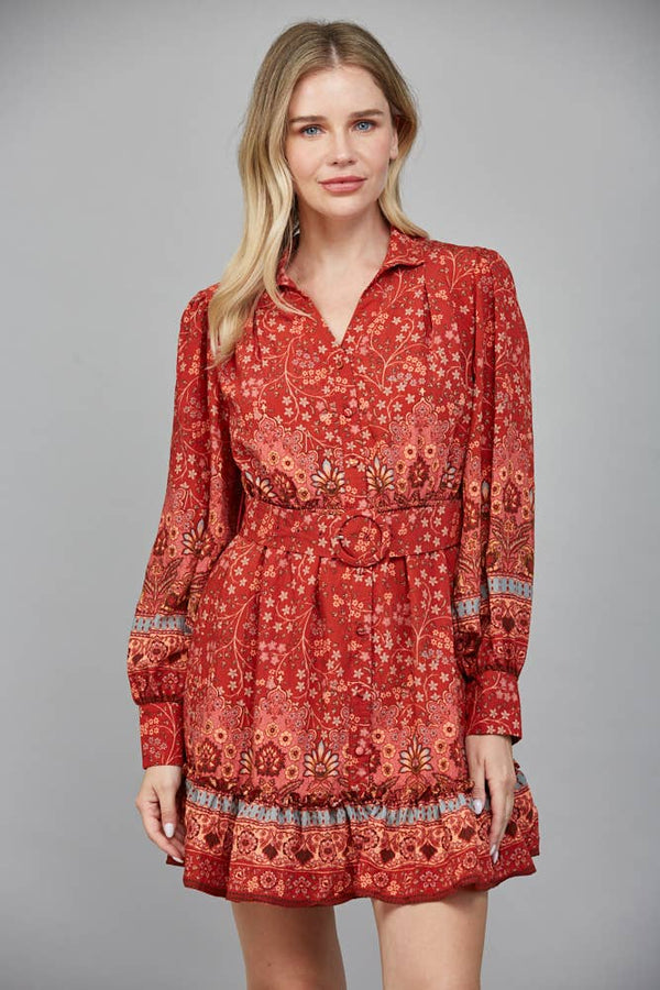 BORDER PRINT BUTTON FRONT MINI DRESS WITH SELF BELT FD34124: BRICK RED / S